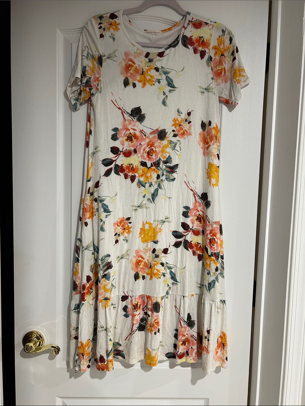 Stevie Hender Cream Midi Dress with Pink & Yellow Floral Print